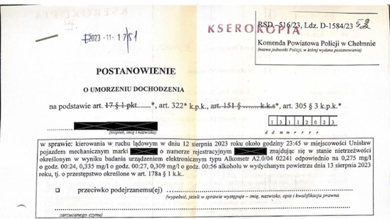 Jazda pod wpływem alkoholu. Postanowienie o umorzeniu dochodzenia!