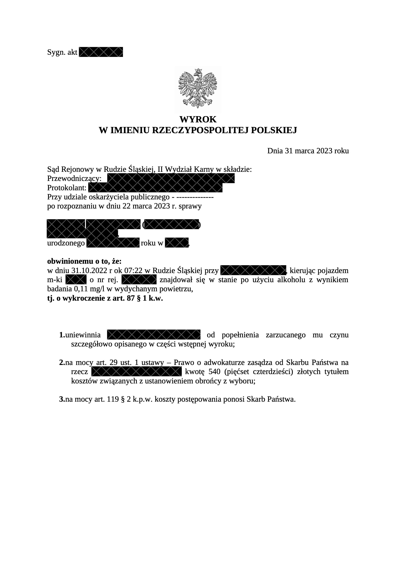 Jazda po spożyciu alkoholu. Wynik badania: 0,11 mg/dm3 - uniewinnienie