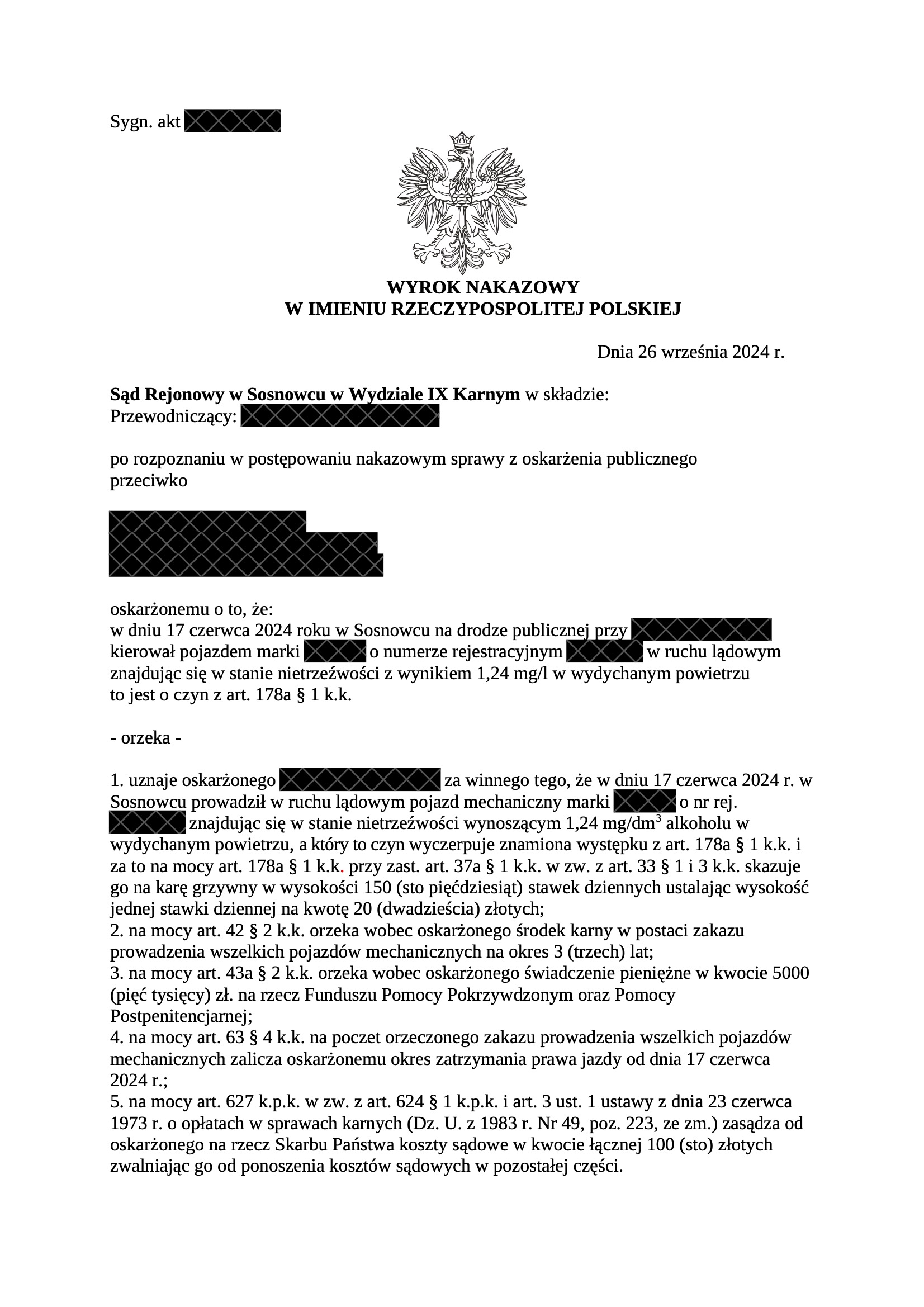 1,24 mg/dm3. Brak przepadku pojazdu!